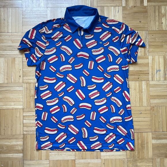 Tipsy Elves Golf Polo Shirt Mens XL Blue Hotdog Performance All Over AOP - Picture 1 of 8